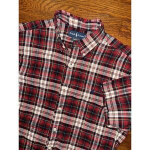Ralph Lauren Classic Fit Mens‎ L Red Multicolor Plaid Short Sleeve Button Down